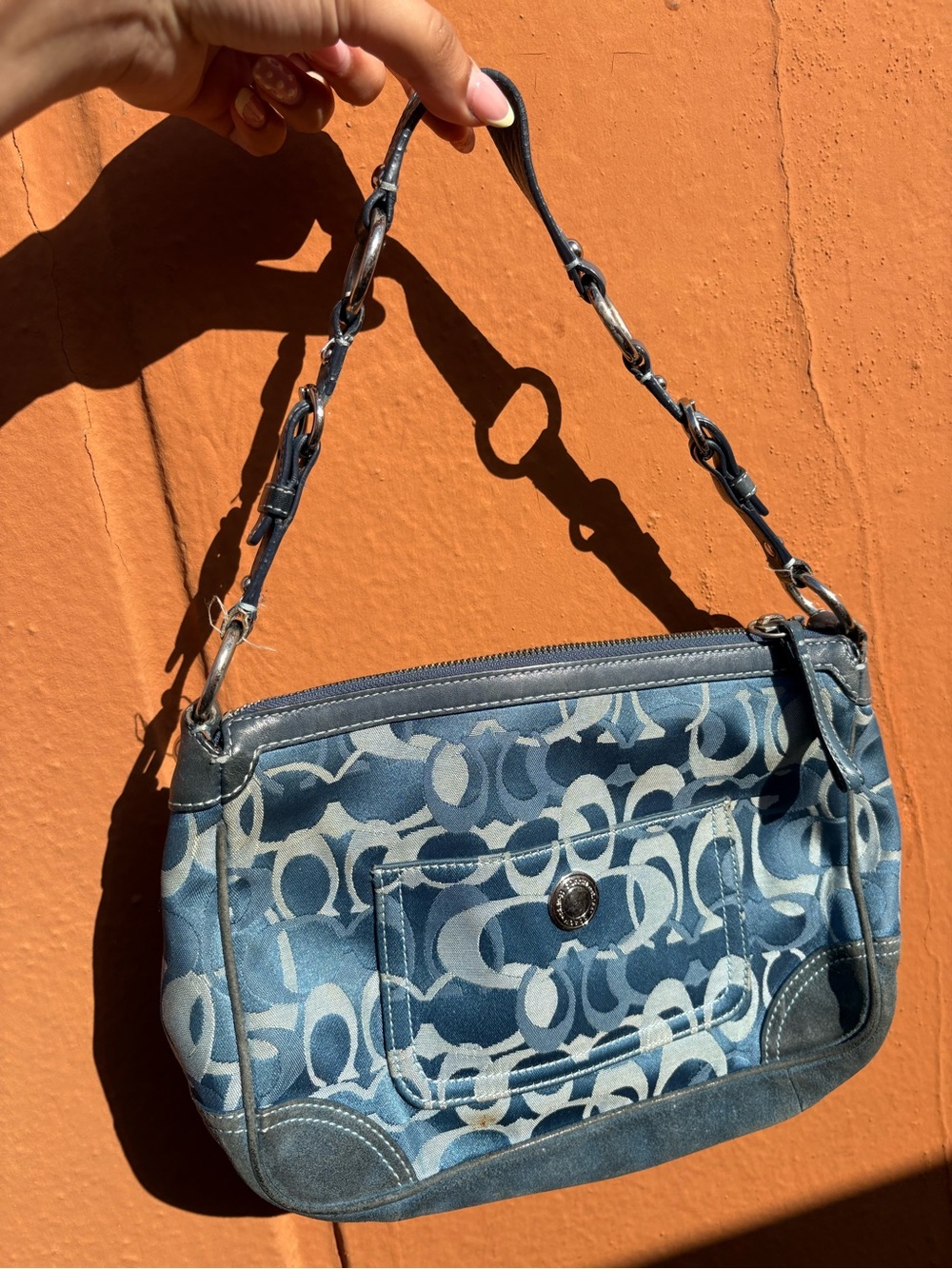Coach Blue Monogram Canvas Shoulder Bag